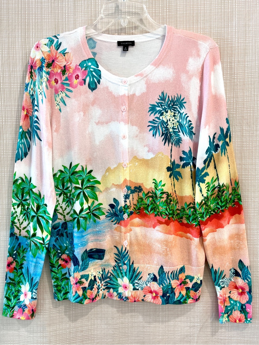 Talbots Tropical Floral Cardigan Sunset Horizon Summer Preppy